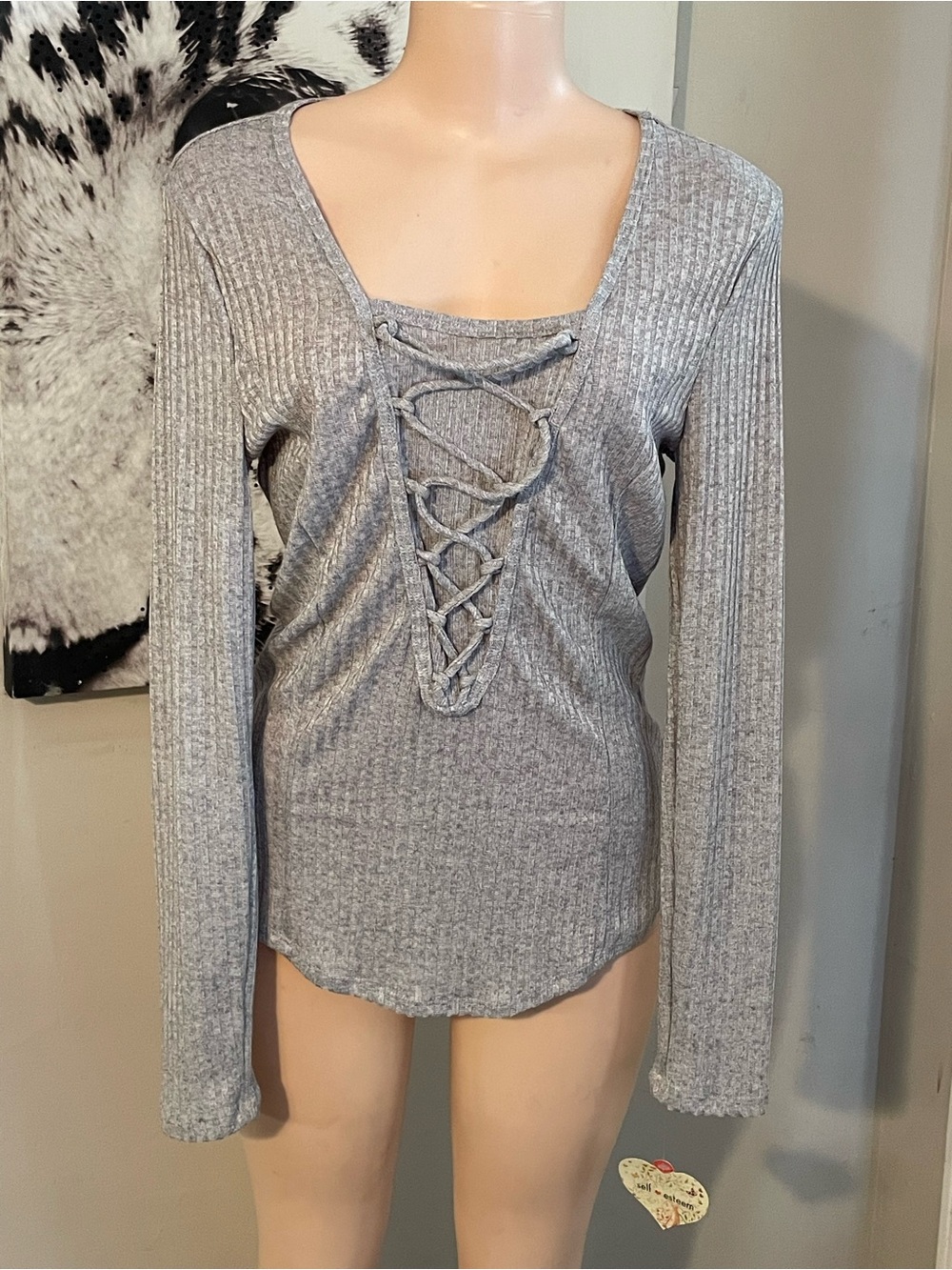 New Self Esteem 90s ribbed sweater shirt lace detail Large Gray Y2K top fall
